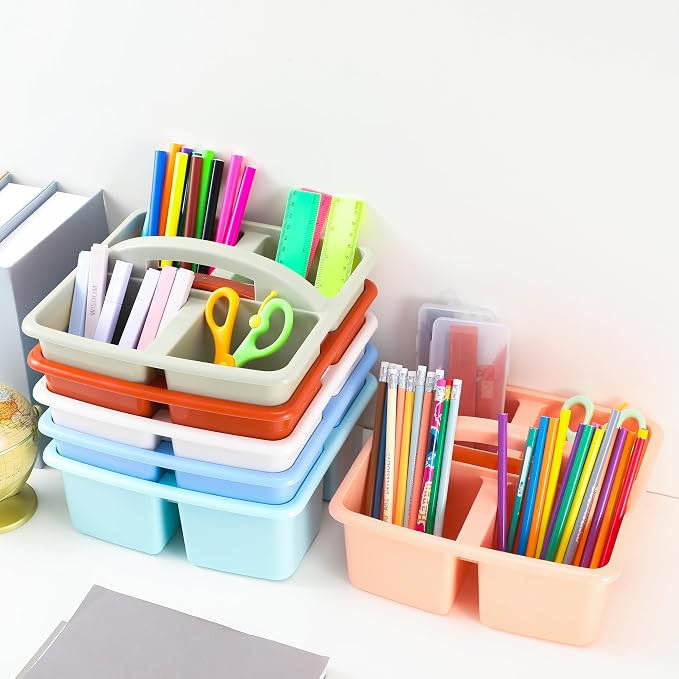 Lineshading 12 Pack Plastic Classroom Caddy - 4 Compartment Organizer Boho Color Table Caddy with Handles for School Home Office Supplies - Image 6