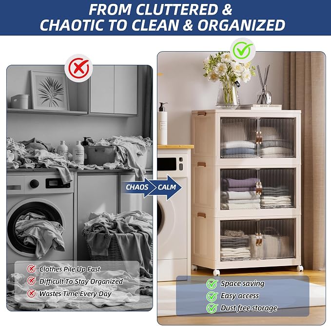 SAILUN 381Qt Extra Large Stackable Storage Bins Folding Collapsible Storage Bins with a Lid, Closet Organizers and Storage Blush White 28" W x 17" D x 46" H | Stackable Storage Drawers with Lids,28" W x 17" D x 46" H,Featuring open-front Access for Clo... - Image 2