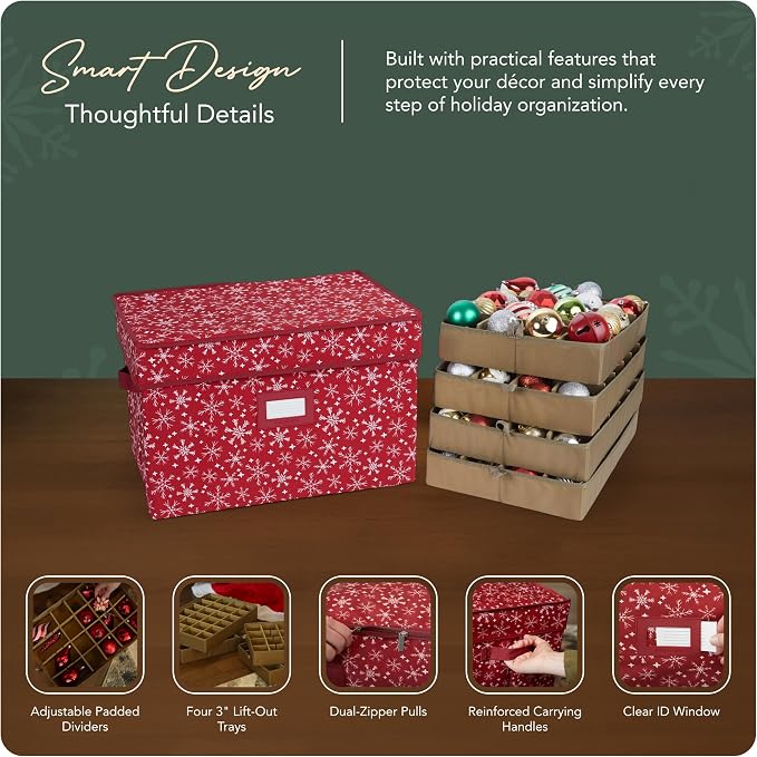 Covermates Keepsakes Adjustable Ornament Storage Box – Heavy-Duty Polyester, Padded Dividers & FlexGrid Trays – Protective Holiday Organizer with Stackable Walls & Label Window, Red Snowflake - Image 4