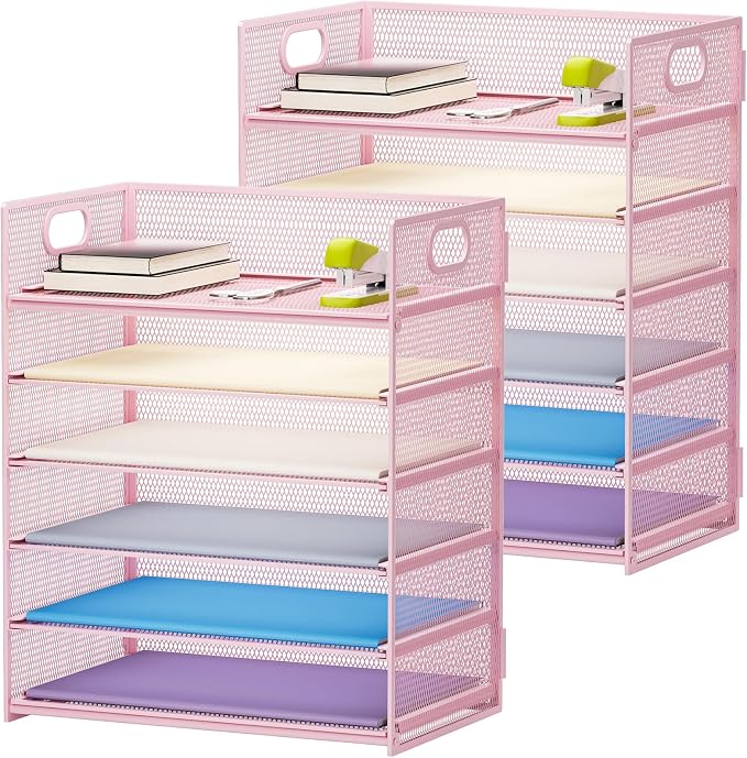 Marbrasse 2 Pack Desk Organizer with Handle, 6 Tier Paper Letter Tray, Mesh Desk File Organizer for Office, School and Home - Pink by Marbrasse