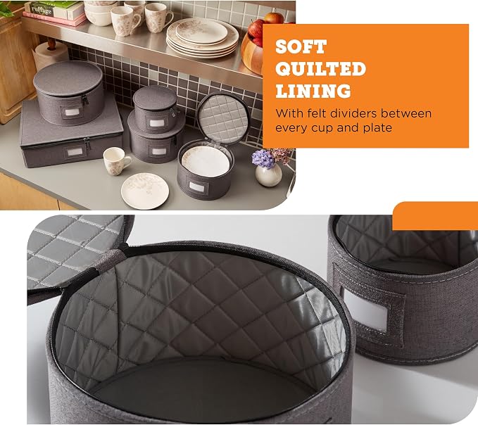 5-Piece China Storage Set | Plates & Mugs | Woven Linen | Gray | Full China Set For 12 - 4 Plate Cases + Mug Case, Zipper Closure. Hard Shell, Felt Dividers, Stackable, Top-Load. - Image 5