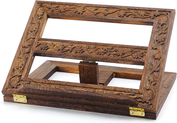 DoubleFill Adjustable Wooden Bible Stand Carved Bible Holder Missal Stand Book Display for Reading Folding Religious Prayer Wooden Holy Book Holder 12.99 x 10.04 Inches(Dark Brown) by DoubleFill