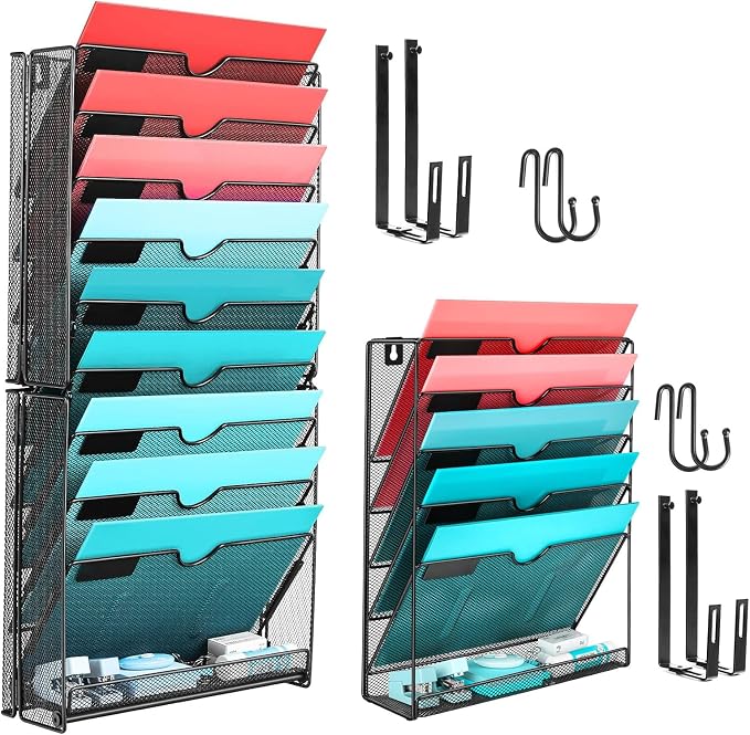 Wall File Organizer, 10 Pockets and 6 Pockets Mesh Hanging File Organizer, Wall Mount File Holder With Hooks, Wall Organizer Magazine Rack for Office Supplies by GALASALA