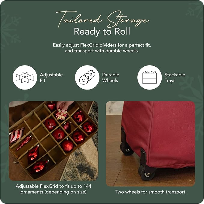 Covermates Keepsakes Rolling Adjustable Ornament Storage Bag – Heavy-Duty Polyester, FlexGrid Trays & Padded Dividers – Protective Holiday Organizer with Wheels, Handles & ID Window, Red - Image 5