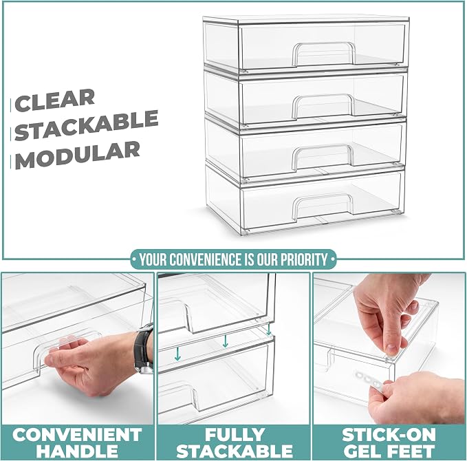 Sorbus Acrylic Storage Containers - 4 Pack, Stackable Storage Bins Set for Bathroom Organization - Clear Acrylic Drawer Organizers - Makeup Case Pull-Out Drawers (12.1’’ Wide) - Image 5