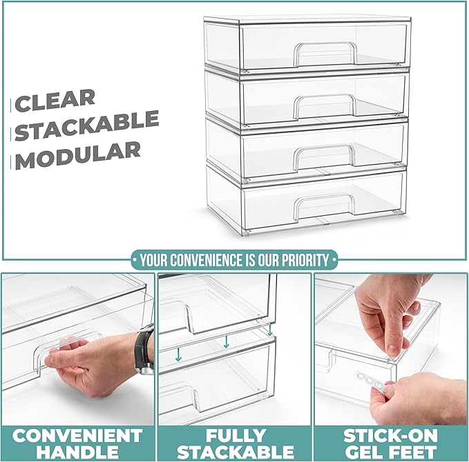 Sorbus Wide Stackable Acrylic Storage Drawers, 6 Pack Clear Plastic Organizer Bins for Baby Bottles, Makeup, Bathroom, Vanity & Countertop Organization, Pull-Out Drawer Design for Cabinets & Pantry - Image 4
