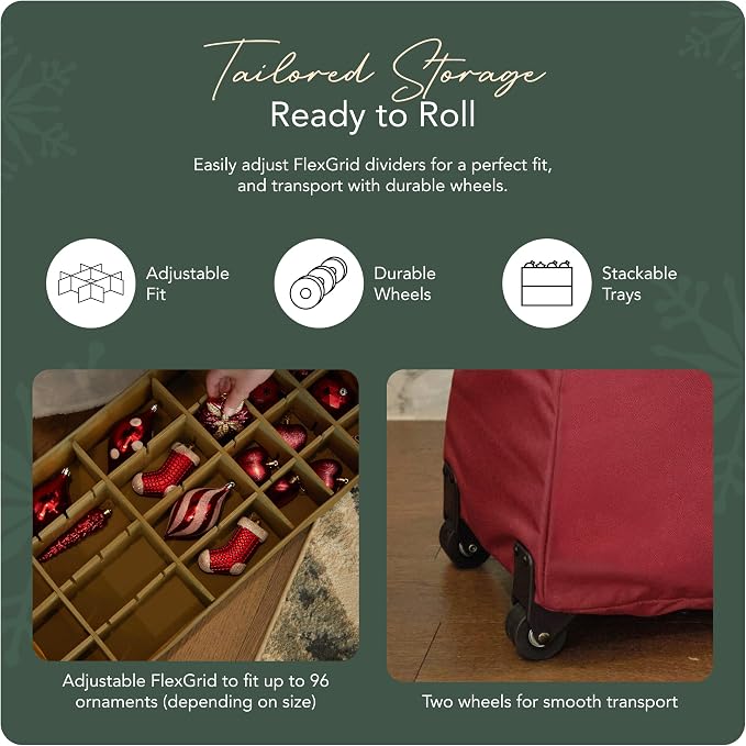 Covermates Keepsakes Rolling Adjustable Ornament Storage Bag – Heavy-Duty Polyester, FlexGrid Trays & Padded Dividers – Protective Holiday Organizer with Wheels, Handles & ID Window, Red - Image 5