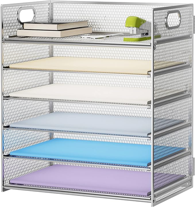 Marbrasse Paper Letter Tray - 6 Tier Mesh File Organizer with Handle, Paper Sorter for Letter/A4 Office File Folder Holder - Silver by Marbrasse