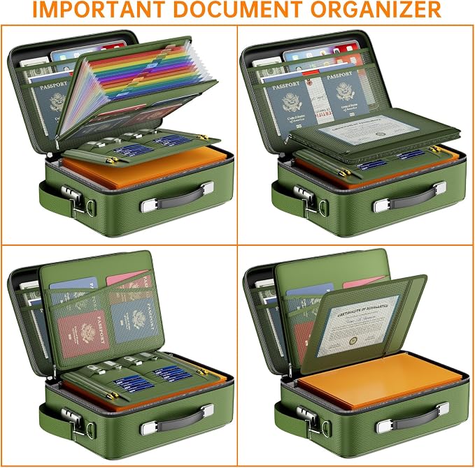 DocSafe Fireproof Document Box Hard Case with Lock ＆ Accordion File Folder | Fire and Water Resistant Safe Box,File Organizer,Multi-Pocket,Home Office Travel Storage for Important Document,Laptop,Green - Image 8
