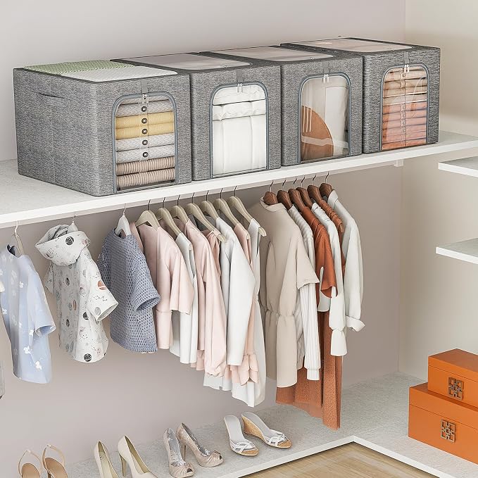GoMaihe Clothes Storage Bins with Metal Frame for Closet, 40L 4-Pack Grey | Sweaters Hoodies Jeans T-Shirt, Closet Top Shelf Organizer, Steel Frame Collapse-Proof, Stackable, Clear Window, Dual Access - Image 7