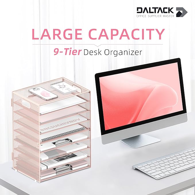 9-Tier Paper Organizer for Desk, Metal Mesh Letter Tray with Handles, Pink | Desk File Organizer with Removable Trays for Sorting Files, Folders, Mail and Printer Paper at Home, School or Office - Image 2