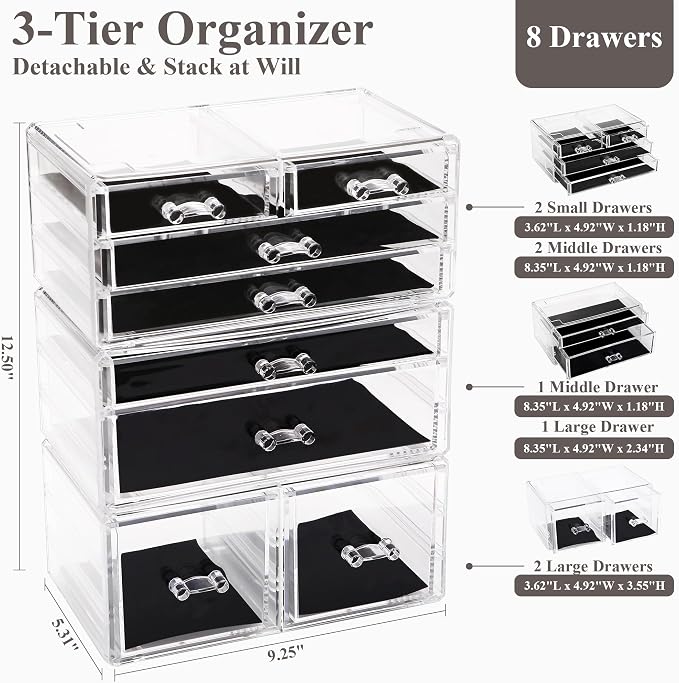 Sea Team 3-Tier Stackable Clear Acrylic Makeup Organizer with Drawers | Multi-Purpose Cosmetic Display Case, Jewelry Storage Box with 8 Drawers, Ideal for Vanity, Dresser, Bathroom, Countertop - Image 2