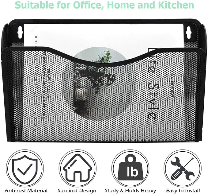 6 Single Pocket Mesh Hanging File Organizer, Vertical Wall Mounted Magazine File Holder, Mount Basket Mail Paper Document Folder Organizing for Office, Home and School, Black - Image 5