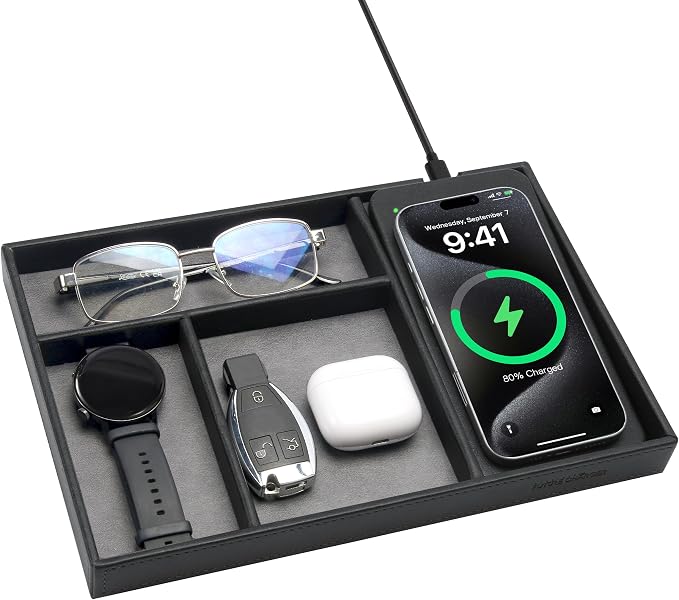 Valet Tray, Built in Wireless Charging Pad, Nightstand Organizer, Two-Toned Premium Vegan Leather Desk Bedside Caddy Organizer Tray for Keys, Watch, Wallet, Jewelry (Black+Gray) by wirelessfuturecharger