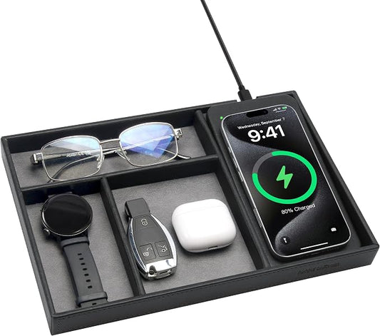 Valet Tray, Built in Wireless Charging Pad, Nightstand Organizer, Two-Toned Premium Vegan Leather Desk Bedside Caddy Organizer Tray for Keys, Watch, Wallet, Jewelry (Black+Gray) by wirelessfuturecharger