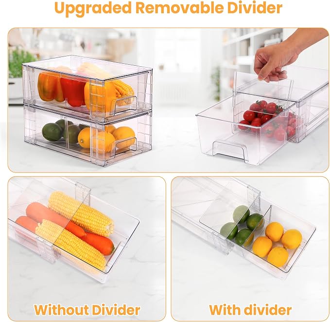 2 Pack Stackable Storage Drawers,Plastic Organizers Bins, Drawers Storage with Handles and Movable Dividers for Organization and Storage in Fridge,Bathroom, Pantry, Kitchen Cabinets, Under Sink - Image 7