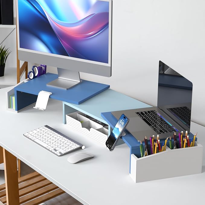 Simple Houseware Desk Dual Monitor Stand Riser with Drawer, Blue | Customizable Organizer Tray, Built-In Phone & Tablet Slot and Side Storage - Image 6