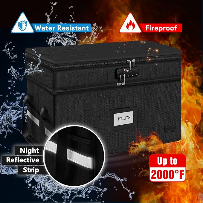 Large Fireproof Document Box with Lock, 2 Layer File Storage Organizer Box | Portable Office Collapsible File Storage with Reflective Strip & Handle for Hanging Letters, Legal Size Folder, Certificate - Image 6