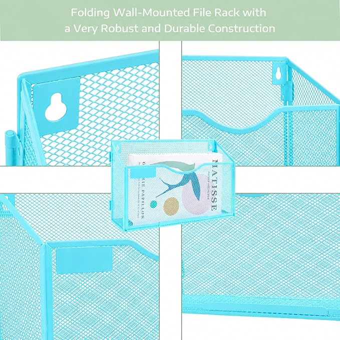 1 Pocket Mesh Wall File Holder Organizer Office Hanging File Folder Magazine Rack, Nametag Label Hooks Set Included (Blue) - Image 3