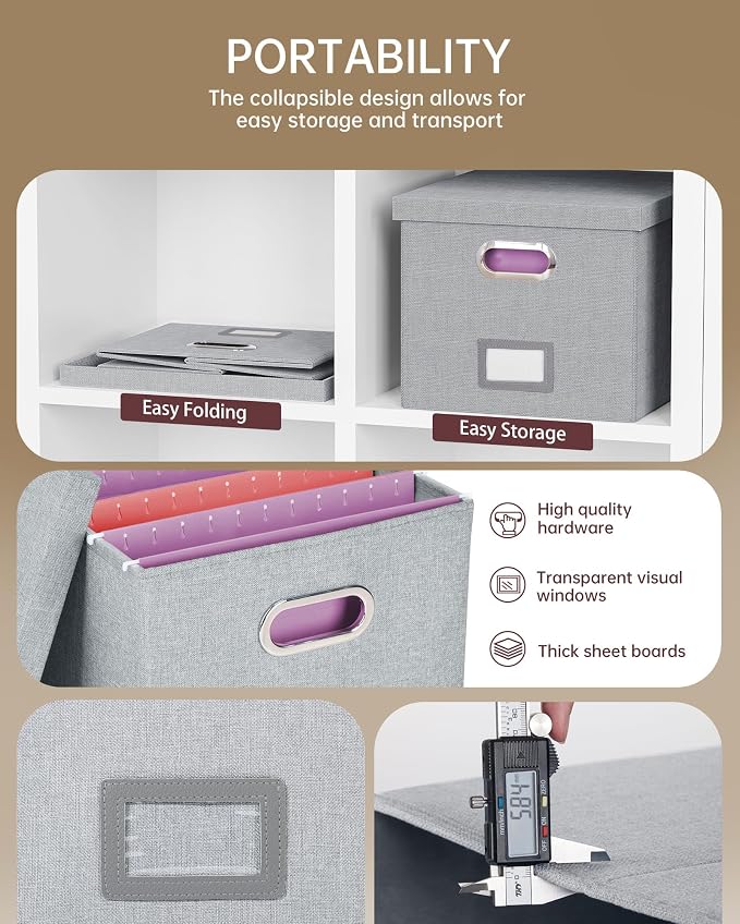 2 Pack File Storage Organizer, Filing Box, Portable File Box with Lid, Fit for Letter/Legal File Folder Storage, Document Organizer, Gray-White - Image 2