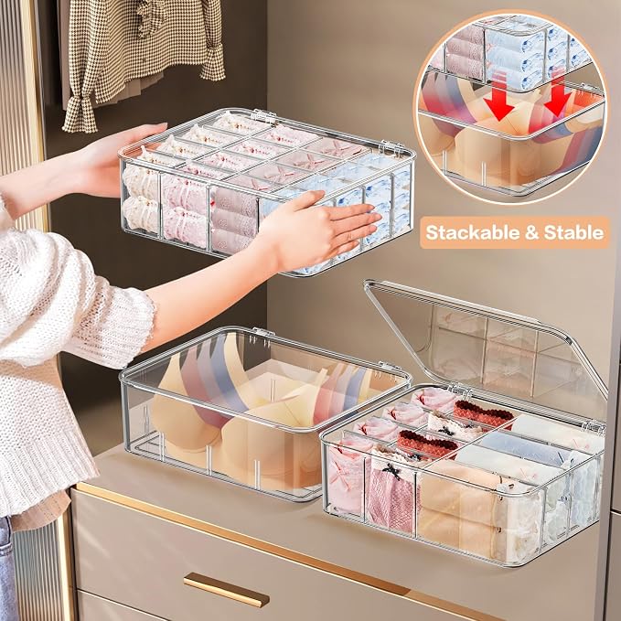2pcs Sock Underwear Organizer, Sunoyar 16 Compartment Adjustable Dividers Tie Bras Socks Underwear Drawer Organizers for Closet, Clear Plastic Storage Containers Box with Lids for Ties Bra Scarf Socks - Image 7