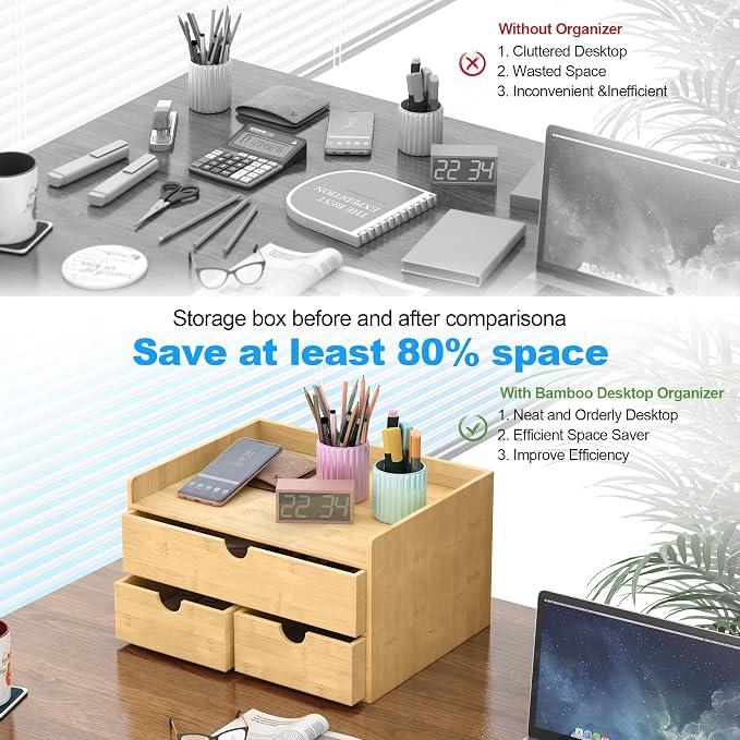 Bamboo Desk Drawer Organizer, Large Desktop Organizer with Drawers Tabletop Storage Organization Box for Office Home Toiletries Supplies Vanity, No Assembly Required (3 Drawer with Shelf) - Image 6