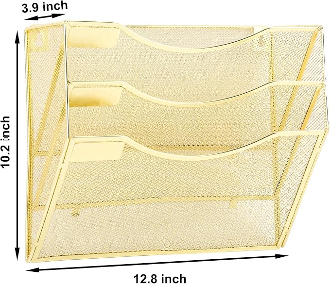 3 Pocket Mesh Hanging Wall File Organizer, Wall Mounted Mail Paper Document Folder Holder, Clipboard Storage Organization Magazine Rack with Nametag Label for Office Home School, Gold - Image 2