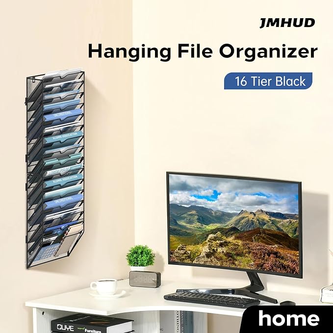 16-Tier Wall File Organizer and Hanging File Organizer, Black | Wall Organizer and Wall Mounted File Holder with 16 Pockets and Label Panels for Files, Mail, Folders, Magazines and Paper - Image 2