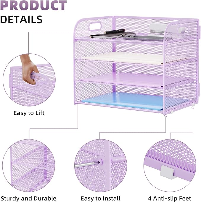 Marbrasse 2 Pack 4 Tier Paper Organizer Letter Tray - Mesh Desk File Organizer with Handle, Paper Sorter Organizer for Letter/A4 Office File Folder Holder (Purple, 12.6" x 9.1" x 10.7") - Image 4