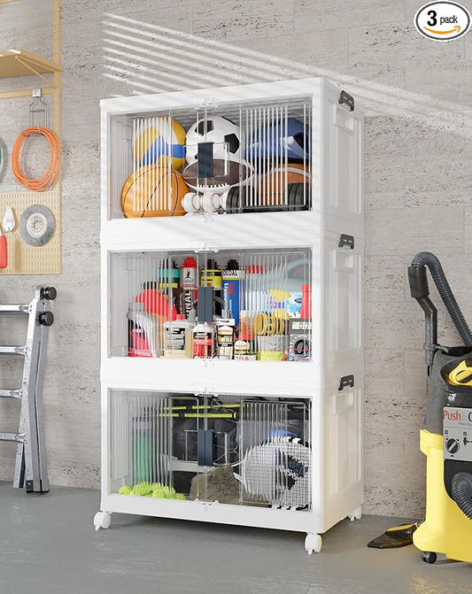 OlarHike 97QT Storage Bins with Lids for Closet, Garage, Shelves, 3 Pack | Multi-Lid, Lockable Cabinet, Large, Doors & Wheels, School, Office, Foldable Container, Stackable Organizers, Plastic Drawers by OlarHike