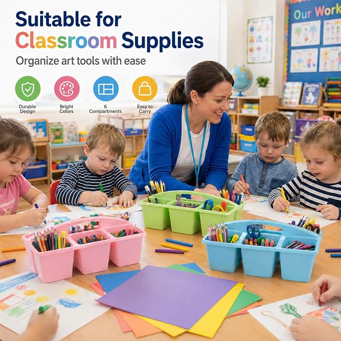 gisgfim 6 Pack Plastic Classroom Caddy with 6-Compartments Plastic Storage Caddies with Handle 6 Compartments Table Caddy Organizer Versatile Table Caddies for Classroom Office Storage, Pastel Color - Image 5