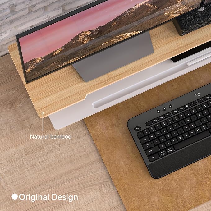 42.5" Dual Monitor Stand Riser with Phone Holder Desk Shelf White | Double Computer Monitor Stand for 55-72" Desk Wood Storage Organizer Cozy Computer Setup Workplace Organizer Keyboard Storage - Image 3