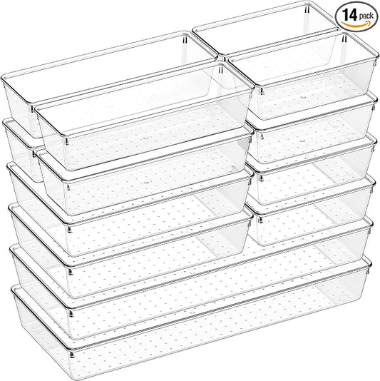 14 PCS Clear Plastic Drawer Organizer Set - 5 Large Size Versatile Kitchen and Bathroom Organizer Trays, Non-Slip Storage Bins for Makeup, Utensils, Tool and Office Desk by Criusia