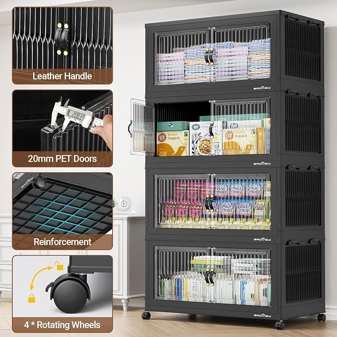 BROVIEW 800Qt Extra Large Stackable Storage Bins with Lid, Closet Organizer Collapsible Drawer Boxes with Wheels, Folding Plastic Cabinet Containers for Home Kitchen Room Organization, 4Pack Black - Image 3