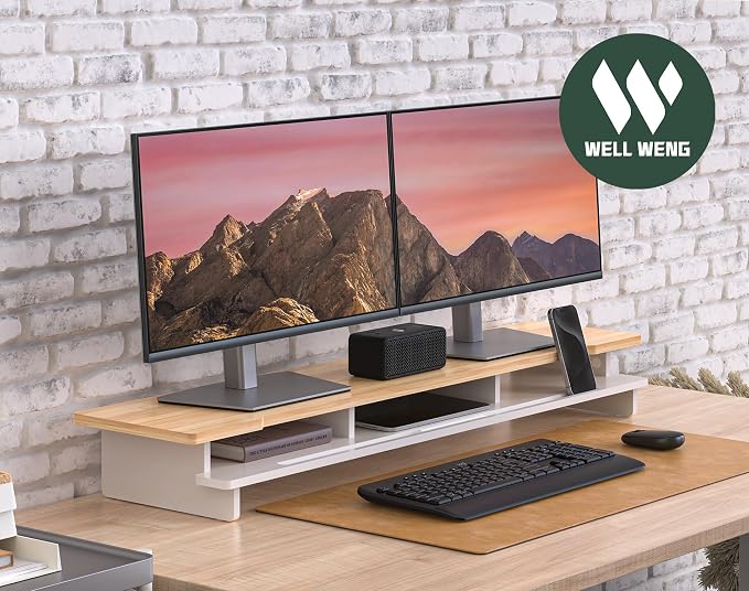 42.5" Dual Monitor Stand Riser with Phone Holder Desk Shelf White | Double Computer Monitor Stand for 55-72" Desk Wood Storage Organizer Cozy Computer Setup Workplace Organizer Keyboard Storage - Image 7