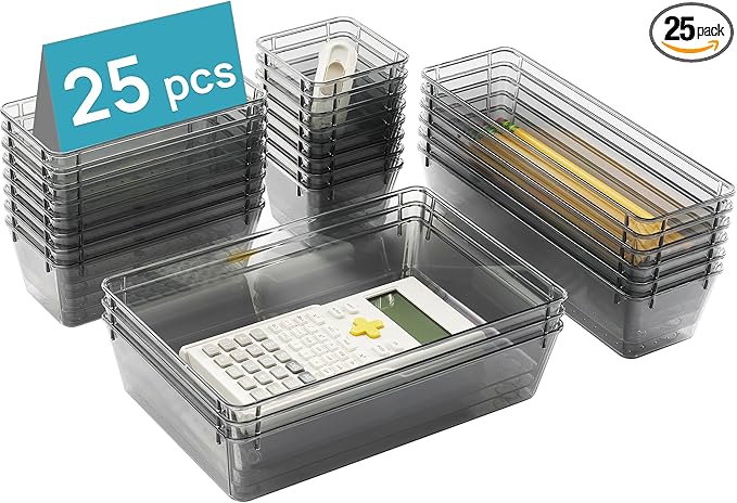 Vtopmart 25 Pack Plastic Drawer Organizers with Non-slip Rubber Pads | 4-Size Versatile Makeup Organizer, Storage Containers Small Bins for Makeup, Jewelries, Bedroom, Kitchen Utensils and Office by Vtopmart
