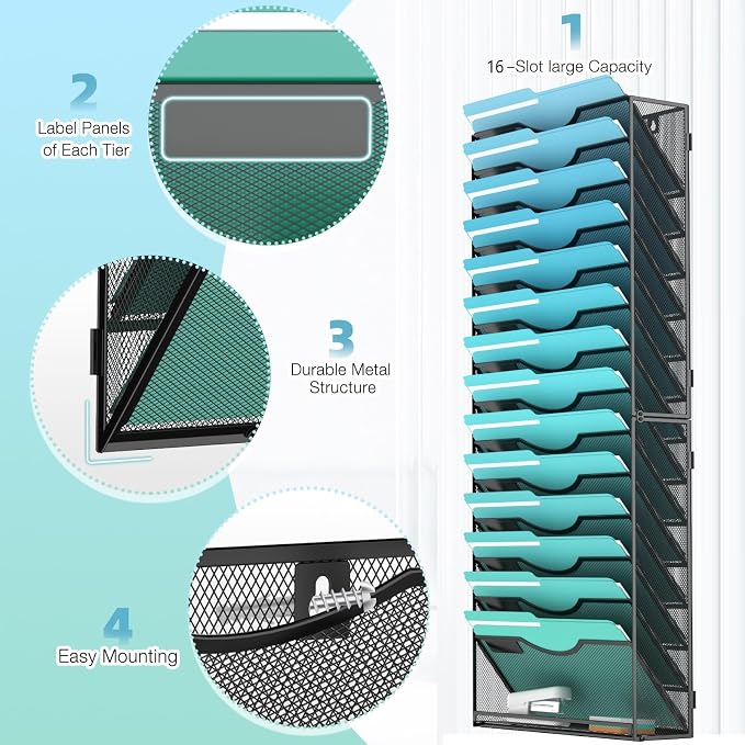 Gawerk 15-Tier Wall File Organizer Hanging Wall File Holder Wall Mount Paper Folder Organize, Mesh Magazine Document Mail Organizer Wall Organizer for Office School Home, Black - Image 3