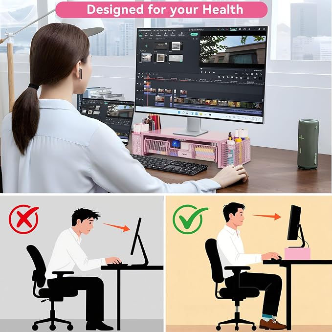 Qupui Computer Monitor Stand Riser with Drawer and Pen Holders, Desk Organizer Shelf and Accessories, Office Desk Accessories, Office Organization, Pink - Image 4