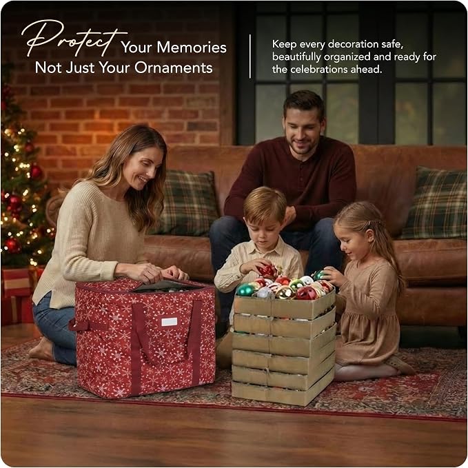 Covermates Keepsakes Adjustable Ornament Storage Bag – Heavy-Duty Polyester, Padded Dividers & FlexGrid Trays – Protective Holiday Ornament Organizer with Handles & Label Window, Red Snowflake - Image 2
