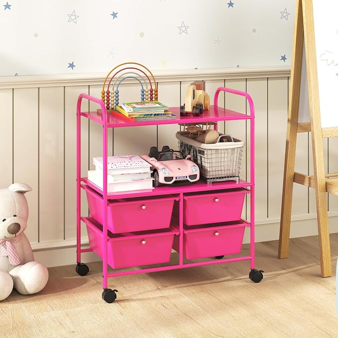 Moccha Rolling Storage Cart with 4 Drawers - Storage Drawers Organizer with wheels for Craft Art Supply Paper Salon, Scrapbook Paper Tools, Movable Utility Cart for Classroom School Studio, Hot Pink - Image 8