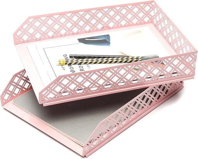 Exerz Letter Trays 2pcs Stackable Paper Sorter/Desk Organiser/File Tray for Desk - Wire Mesh Metal File Rack - Office, School, Home Study (Light Pink) - Image 3