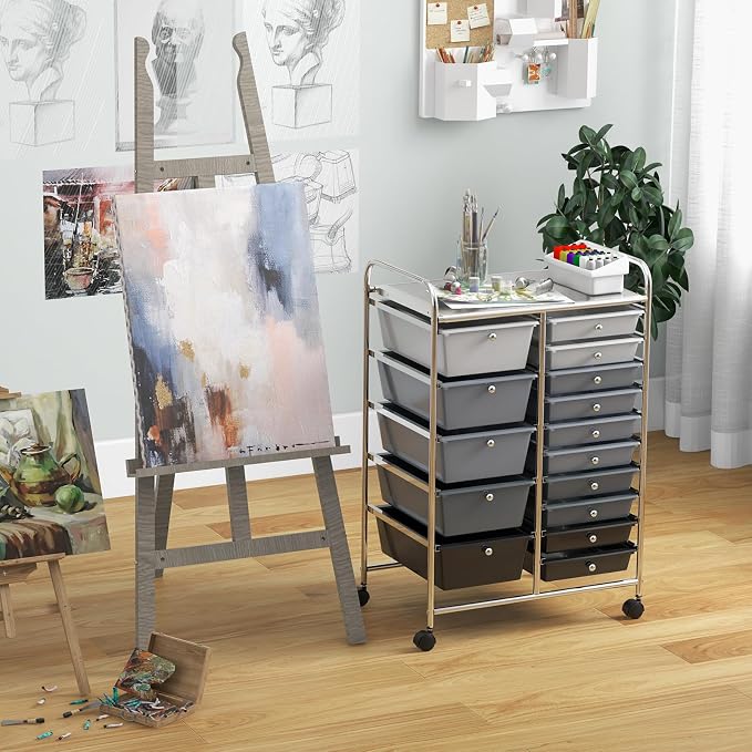 Giantex 15 Drawers Rolling Cart, Classroom Organizers, Storage Cart with Wheels, for Teacher Office Home School Supplies Tool Craft Art Paper - Image 2