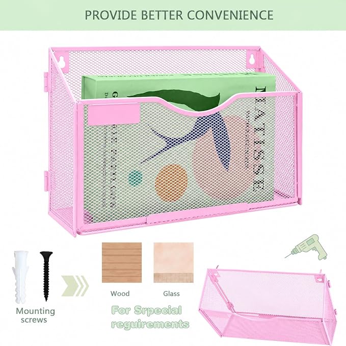 1 Pocket Mesh Wall File Holder Organizer Office Hanging File Folder Magazine Rack, Nametag Label Hooks Set Included (Pink) - Image 4