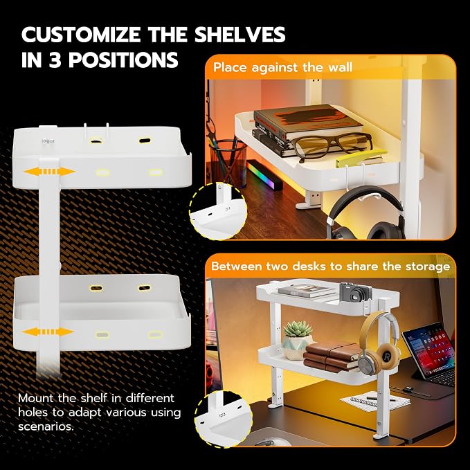 ARES WING 2-Tier 16 inch Clamp On Desk Shelf, Above or Under Desk Storage | Adjustable Desktop Organizer Shlef Holds 66 lbs Heavy Duty, with Headphone Holder for Working and Gaming Accessories, White - Image 6