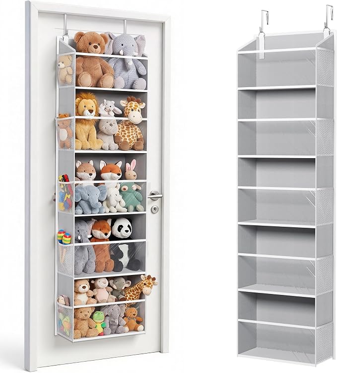 ULG Stuffed Animal Organizer Over the Door, Large Hanging Plush Toy Storage with Mesh Window, Cotton Kids Toy Organizer for Bedroom, Nursery, Playroom & Baby Items Clear Grey by ULG