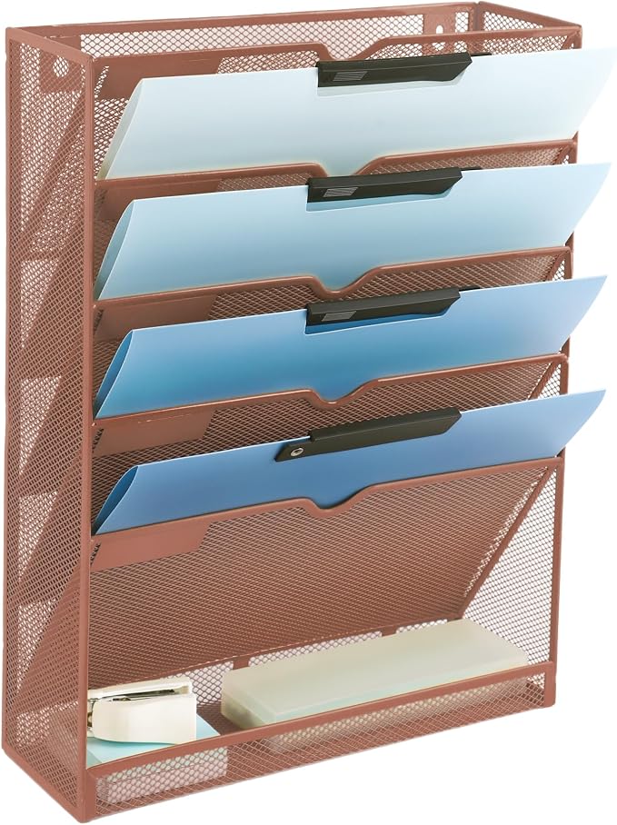 6 Tier Mesh Hanging Wall File Organizer, Desk Vertical Mail Paper Document Folder Holder Rack with Bottom Tray and Nametag Label for Office Home School, Brown by EASEPRES