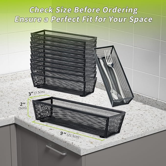 Neudeco Silverware Organizer, Black, 9 x 3 x 2 inch, Pack of 12 | Mesh Drawer Organizer, Metal Construction, For Kitchen Utensils & Flatware, Multi-Purpose Use - Image 2