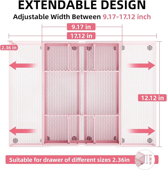 Marbrasse Expandable Desk Drawer Organizer, Mesh Tray with 10 Adjustable Compartments, Desk Organizers for Office Supplies, Makeup & Vanity (Expandable-Pink) - Image 2