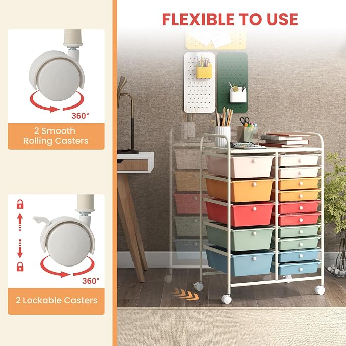 Moccha 15-Drawer Rolling Storage Cart - Under Desk Storage Drawers with wheels for Craft Art Supply Paper Salon, Scrapbook Paper Tools, Mobile Utility Cart for Classroom (15 Drawers, Macaron) - Image 5