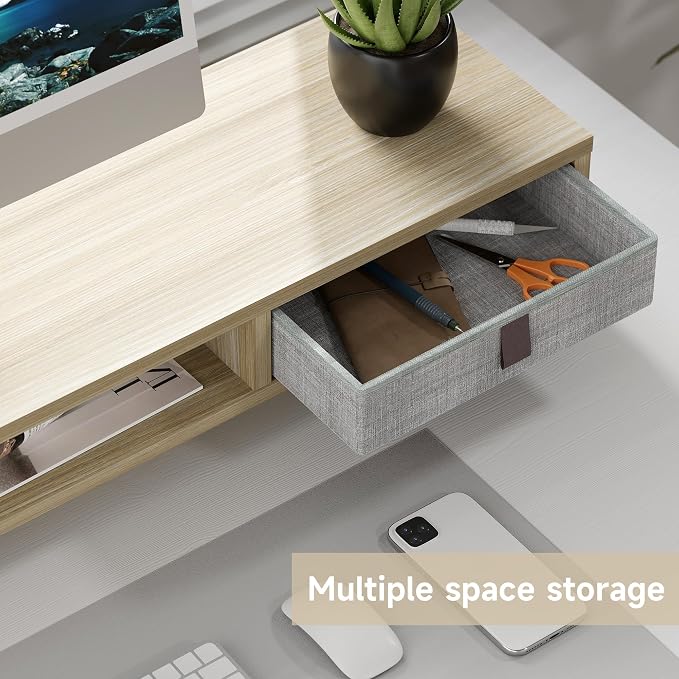 Fenge Dual Monitor Stand, 2-Tier Desk Organizer with Drawers, 42.5in, Oak | Storage Fabric Drawer, Ergonomic Height Adjustable, Desk Shelf for Top of Desk, Laptop, PC, TV, Home Office Organization - Image 4
